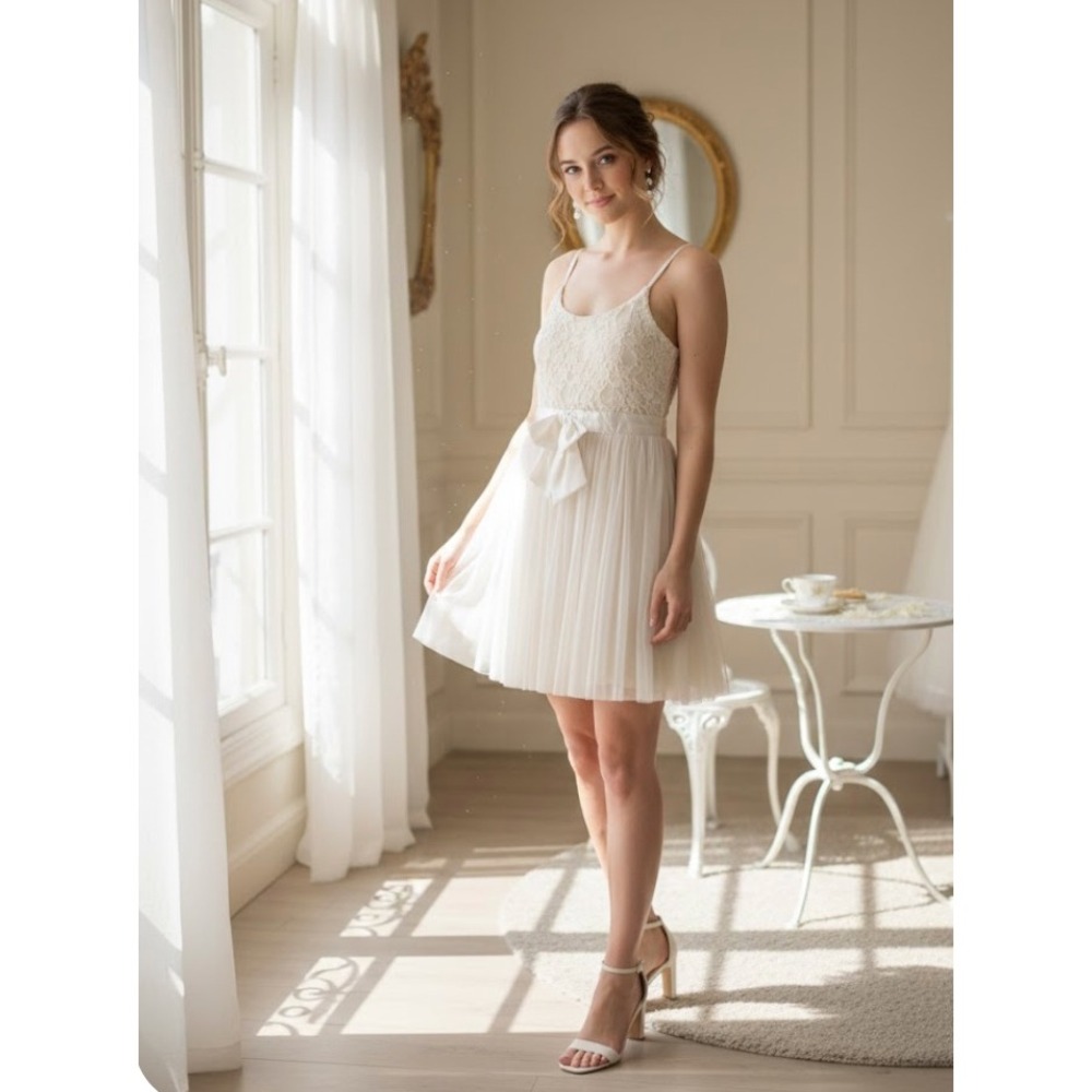 Forever 21 Ivory Lace Bodice Pleated Skirt Dress